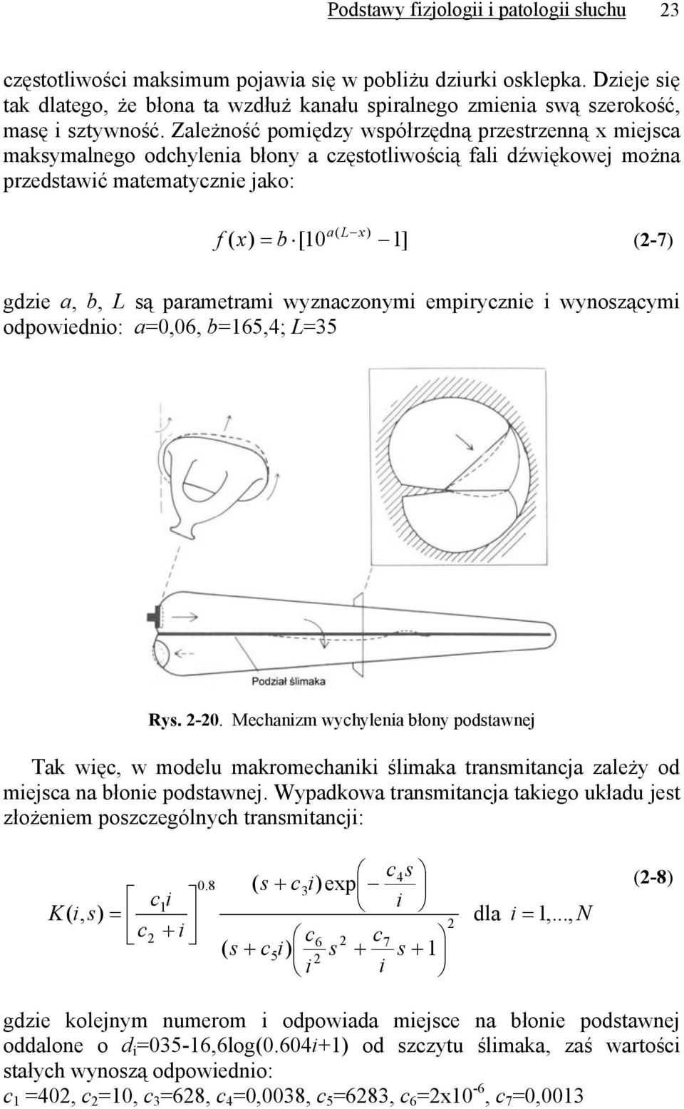 Zależność pomiędzy współrzędną przestrzenną x miejsca maksymalnego odchylenia błony a częstotliwością fali dźwiękowej można przedstawić matematycznie jako: a( L x) f ( x) = b [10 1] (2-7) gdzie a, b,