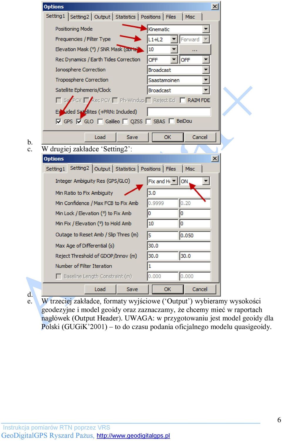 i model geoidy oraz zaznaczamy, że chcemy mieć w raportach nagłówek (Output