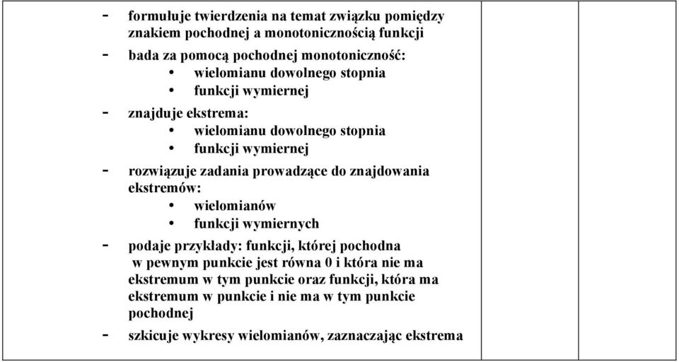 prowadzące do znajdowania ekstremów: wielomianów funkcji wymiernych - podaje przykłady: funkcji, której pochodna w pewnym punkcie jest równa 0 i