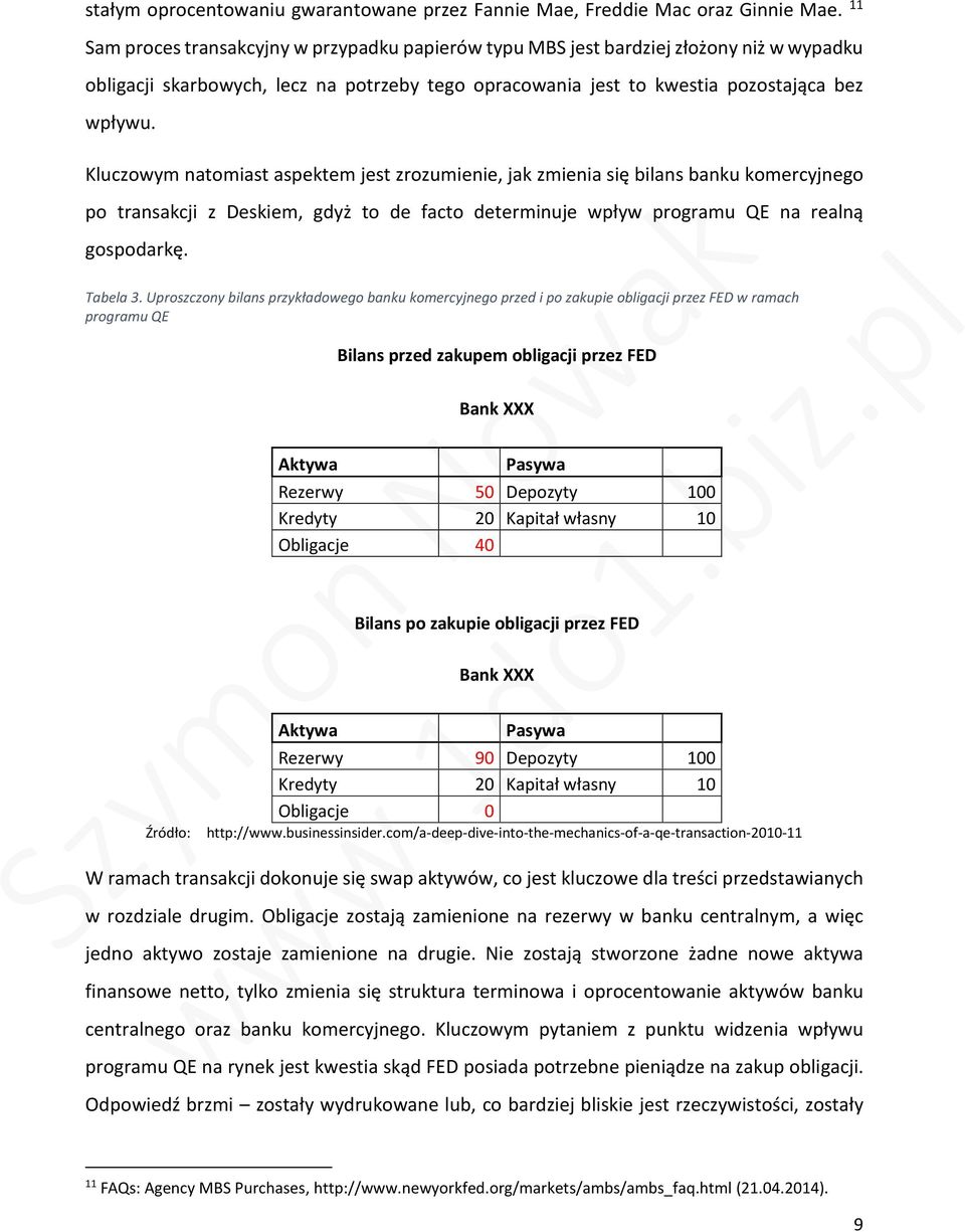 Kluczowym natomiast aspektem jest zrozumienie, jak zmienia się bilans banku komercyjnego po transakcji z Deskiem, gdyż to de facto determinuje wpływ programu QE na realną gospodarkę. Tabela 3.