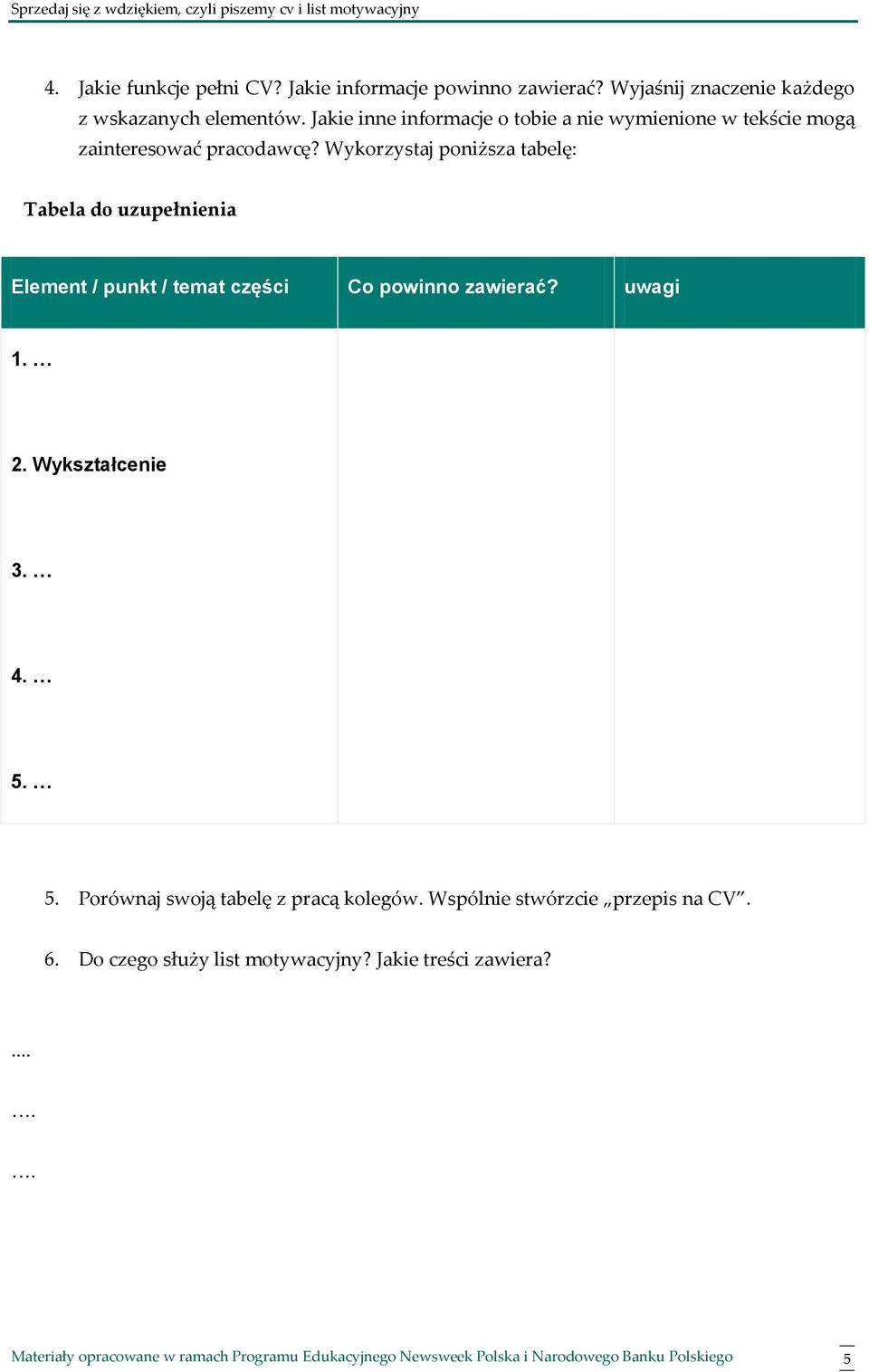 Wykorzystaj poniższa tabelę: Tabela do uzupełnienia Element / punkt / temat części Co powinno zawierać? uwagi 1. 2.