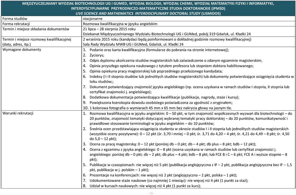 sierpnia 2015 roku Dziekanat Międzyuczelnianego Wydziału Biotechnologii UG i GUMed, pokój 319 Gdańsk, ul.