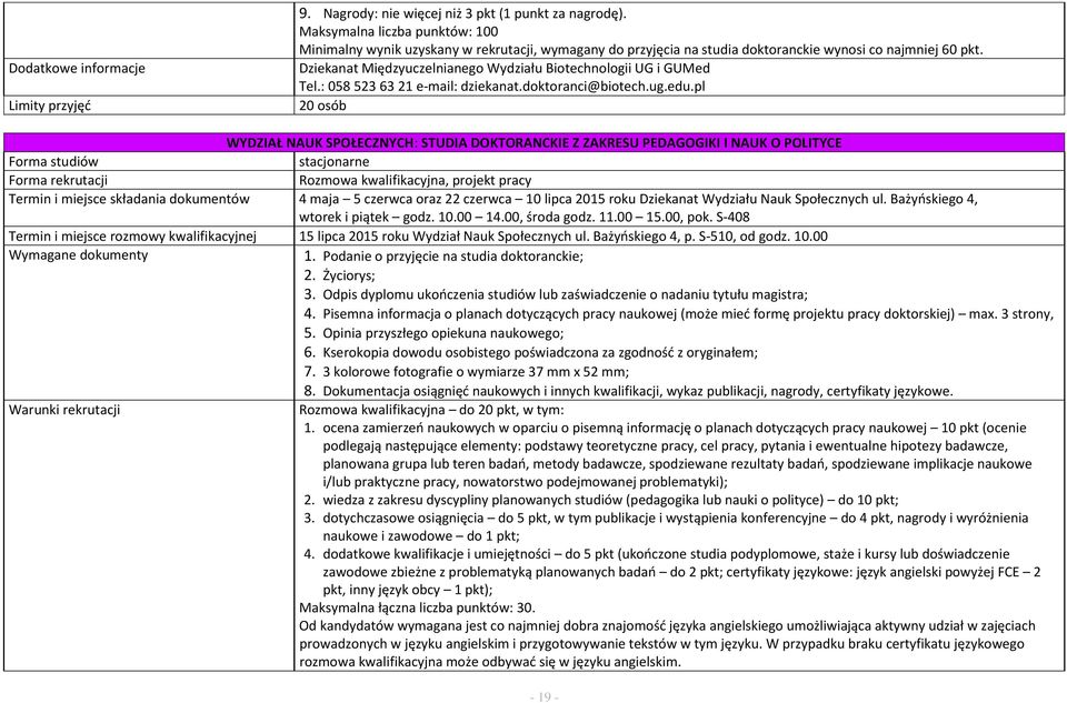 Dziekanat Międzyuczelnianego Wydziału Biotechnologii UG i GUMed Tel.: 058 523 63 21 e-mail: dziekanat.doktoranci@biotech.ug.edu.