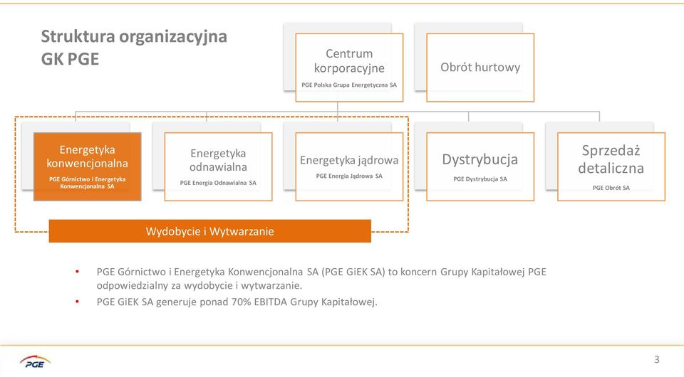 Dystrybucja PGE Dystrybucja SA Sprzedaż detaliczna PGE Obrót SA Wydobycie i Wytwarzanie PGE Górnictwo i Energetyka Konwencjonalna SA