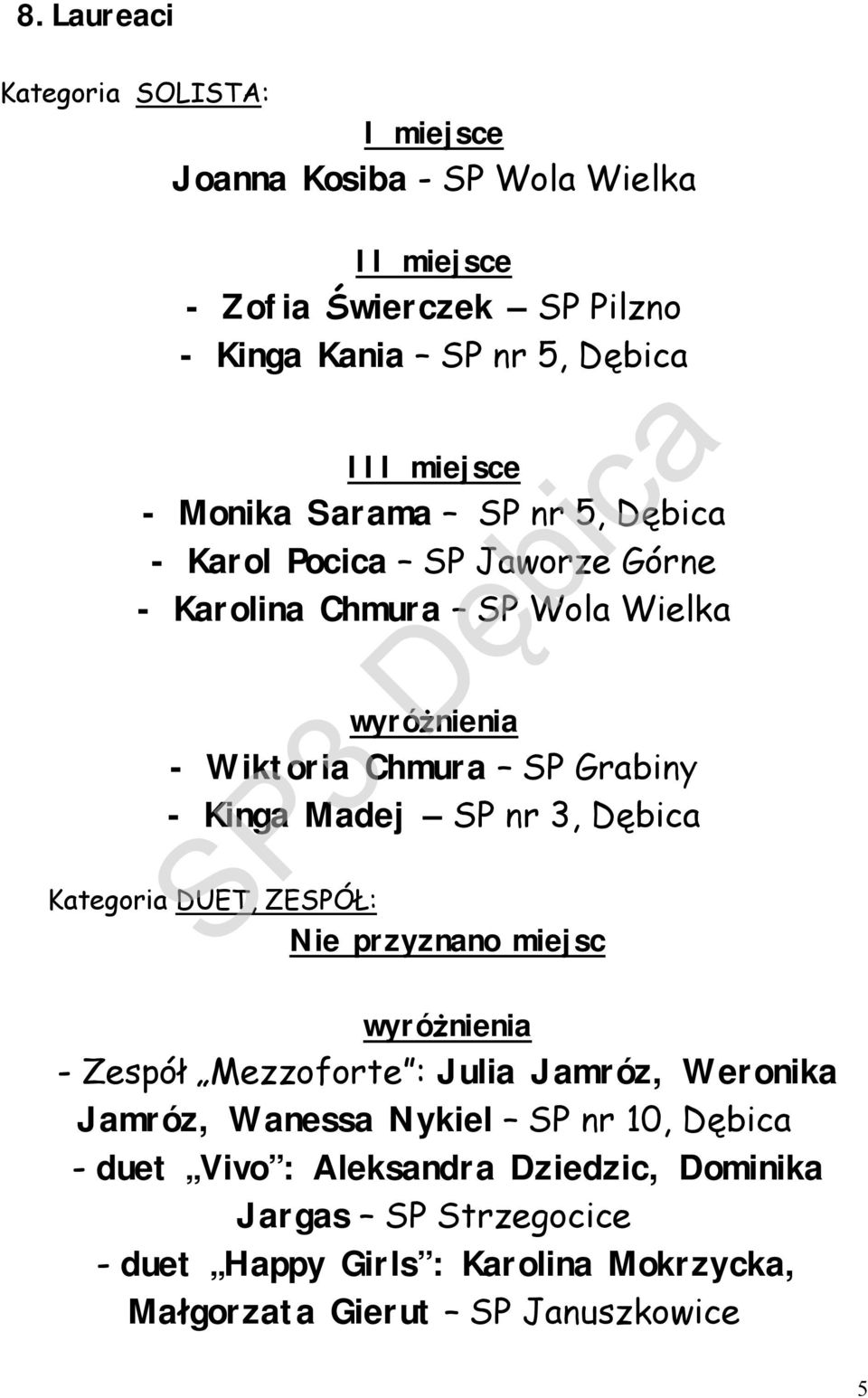 Kinga Madej SP nr 3, Dębica Kategoria DUET, ZESPÓŁ: Nie przyznano miejsc wyróżnienia - Zespół Mezzoforte : Julia Jamróz, Weronika Jamróz, Wanessa