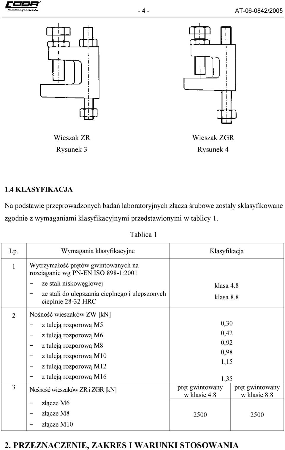Wymagania klasyfikacyjne Klasyfikacja 1 Wytrzymałość prętów gwintowanych na rozciąganie wg PN-EN ISO 898-1:2001 ze stali niskowęglowej ze stali do ulepszania cieplnego i ulepszonych cieplnie 28-32