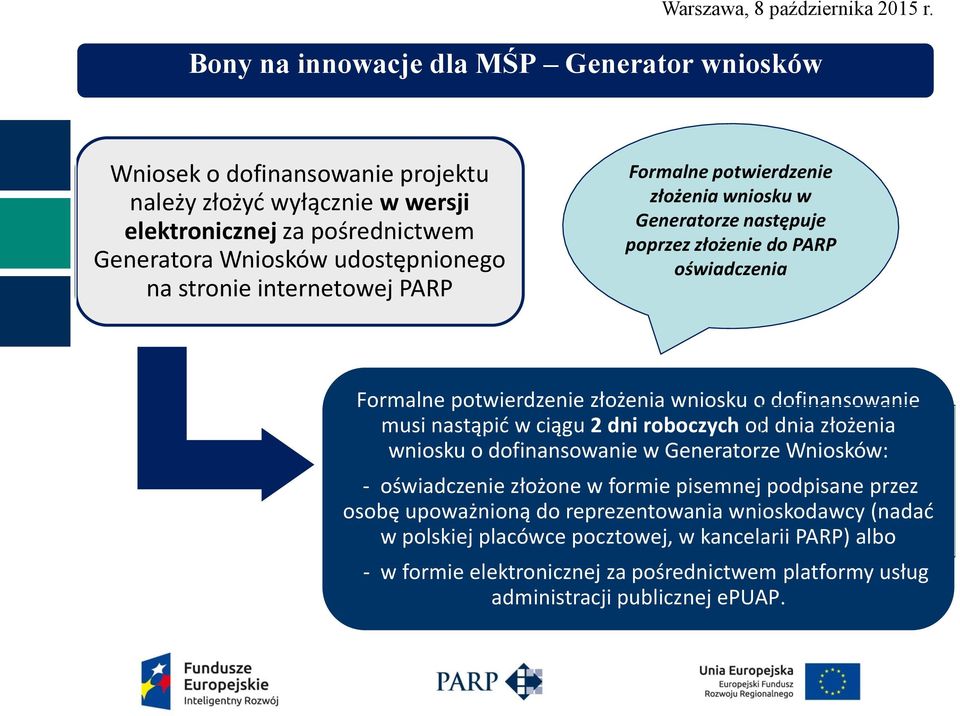 dofinansowanie musi nastąpić w ciągu 2 dni roboczych od dnia złożenia wniosku o dofinansowanie w Generatorze Wniosków: - oświadczenie złożone w formie pisemnej podpisane przez osobę