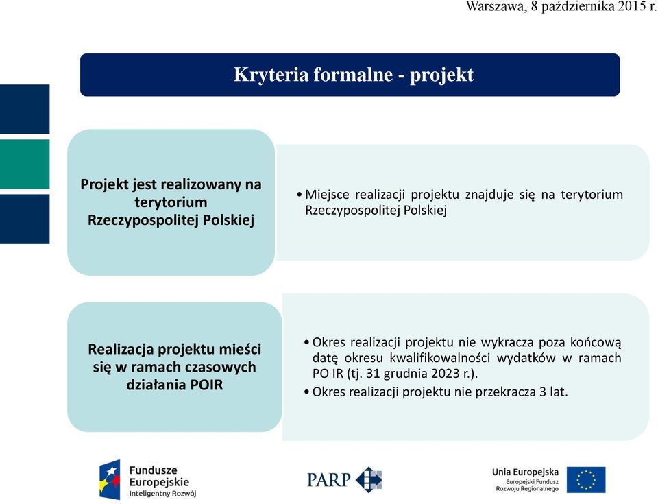 w ramach czasowych działania POIR Okres realizacji projektu nie wykracza poza końcową datę okresu