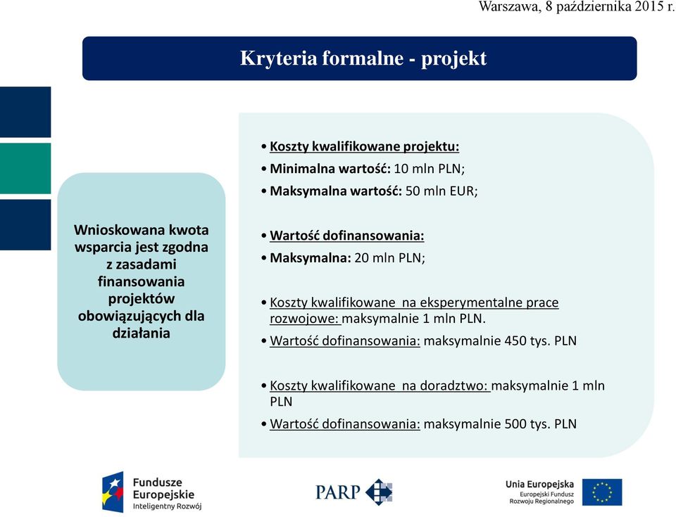 Maksymalna: 20 mln PLN; Koszty kwalifikowane na eksperymentalne prace rozwojowe: maksymalnie 1 mln PLN.