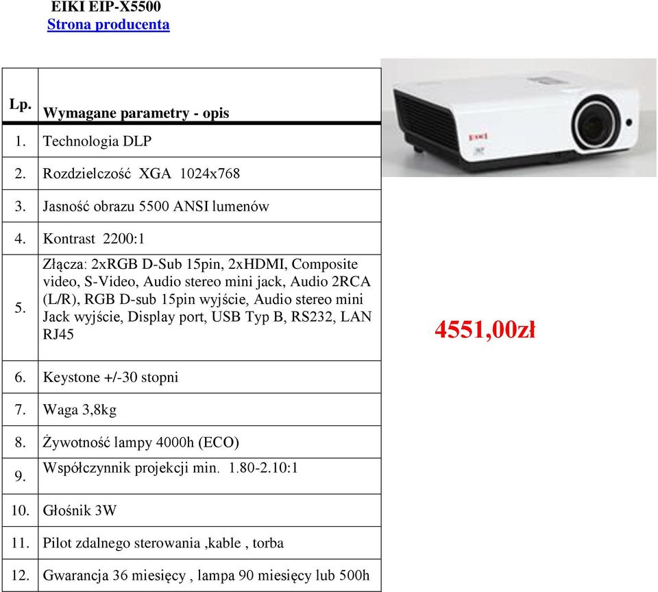 wyjście, Audio stereo mini Jack wyjście, Display port, USB Typ B, RS232, LAN RJ45 4551,00zł 6. Keystone +/-30 stopni 7. Waga 3,8kg 8.