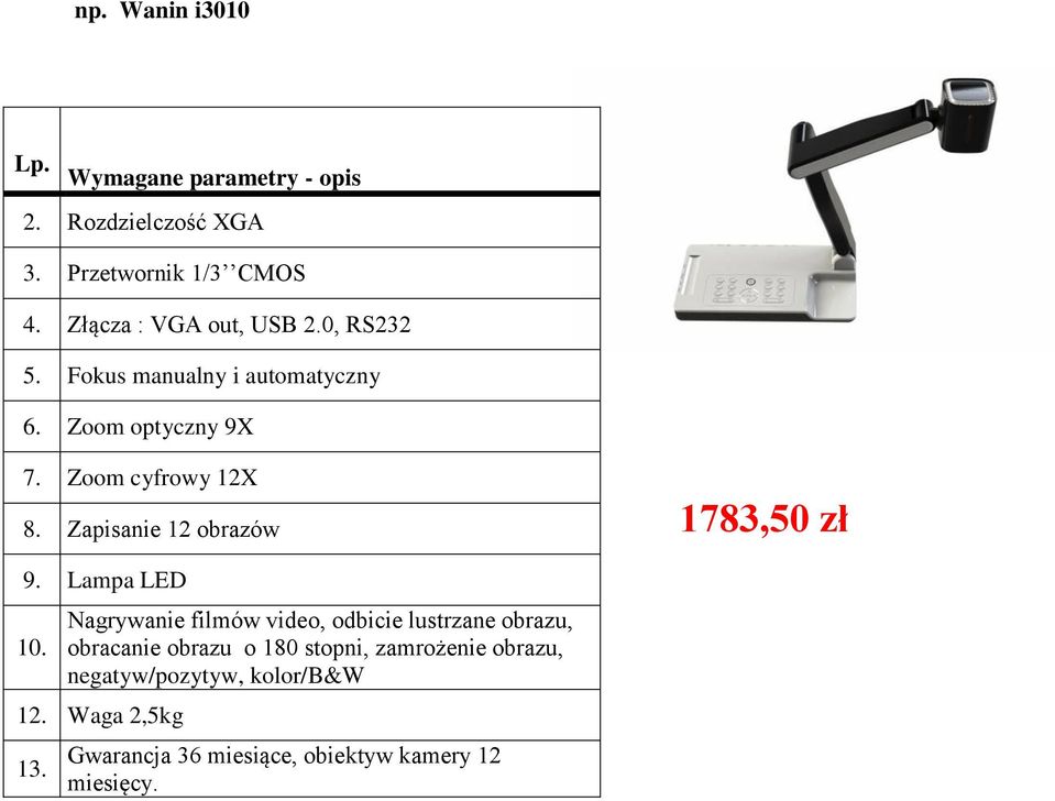 Zapisanie 12 obrazów 1783,50 zł 9. Lampa LED 10.