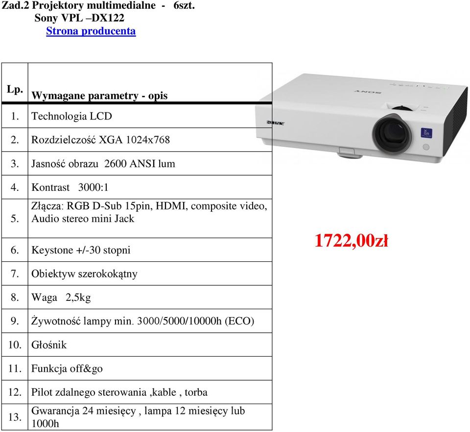 Keystone +/-30 stopni 1722,00zł 7. Obiektyw szerokokątny 8. Waga 2,5kg 9. Żywotność lampy min. 3000/5000/10000h (ECO) 10.