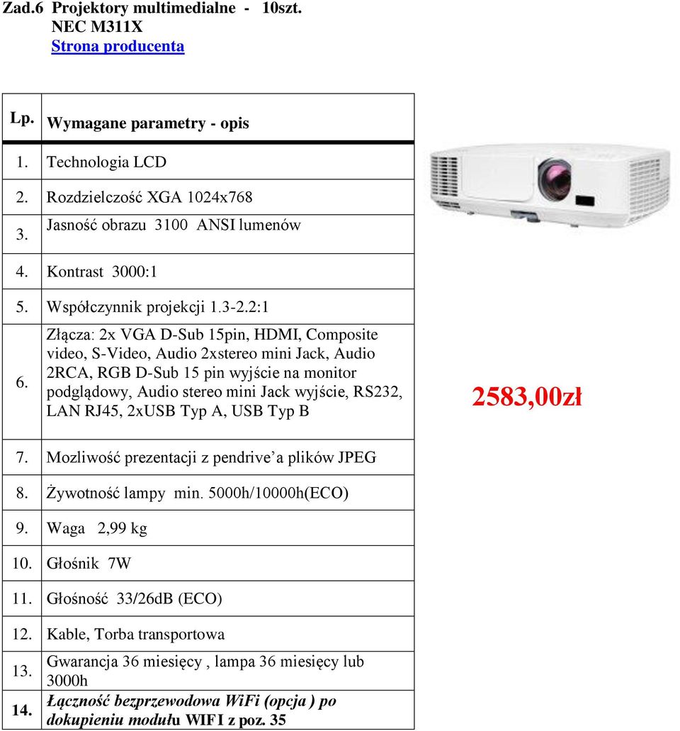 Złącza: 2x VGA D-Sub 15pin, HDMI, Composite video, S-Video, Audio 2xstereo mini Jack, Audio 2RCA, RGB D-Sub 15 pin wyjście na monitor podglądowy, Audio stereo mini Jack wyjście, RS232,