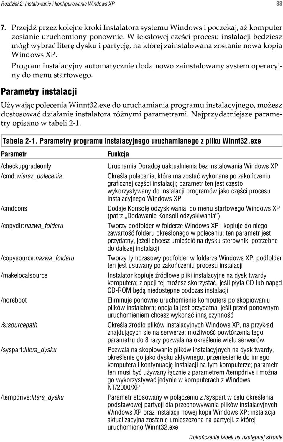 Program instalacyjny automatycznie doda nowo zainstalowany system operacyjny do menu startowego. Parametry instalacji U ywaj¹c polecenia Winnt32.