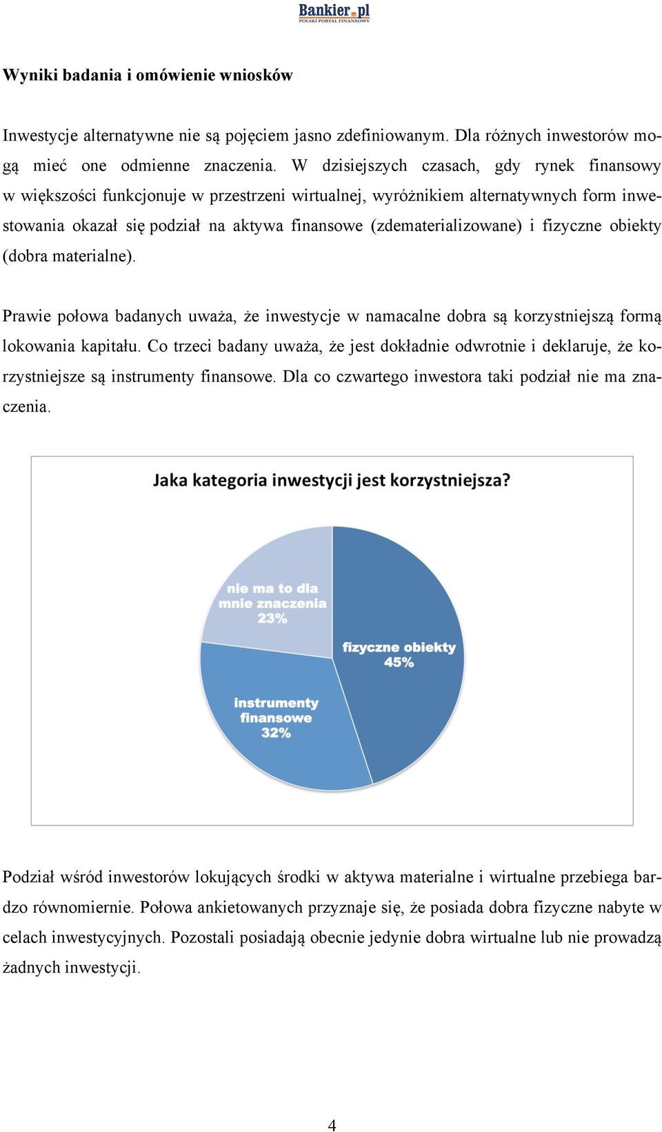 i fizyczne obiekty (dobra materialne). Prawie połowa badanych uważa, że inwestycje w namacalne dobra są korzystniejszą formą lokowania kapitału.