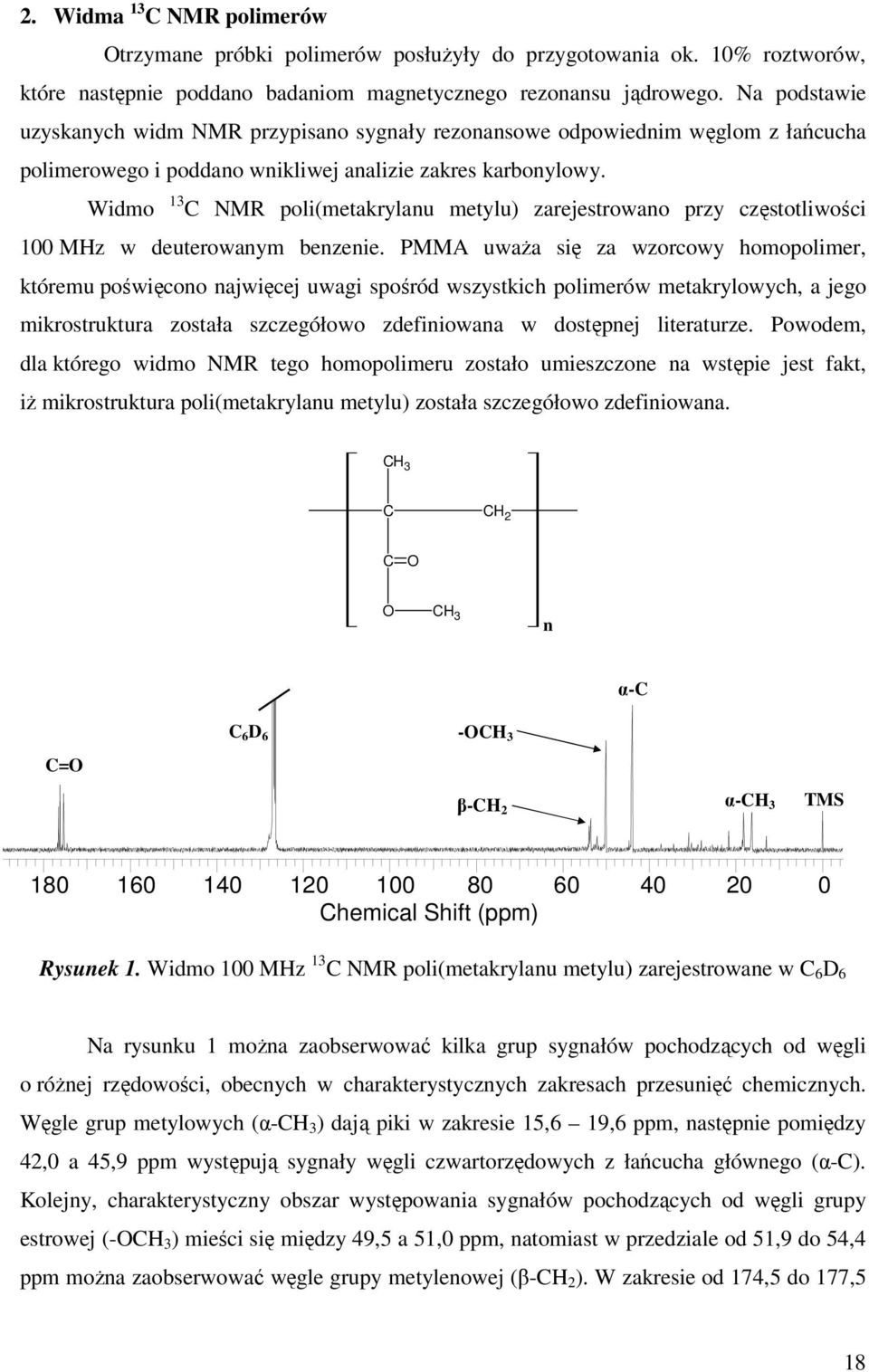 Widmo 13 C NMR poli(metakrylanu metylu) zarejestrowano przy częstotliwości 100 MHz w deuterowanym benzenie.