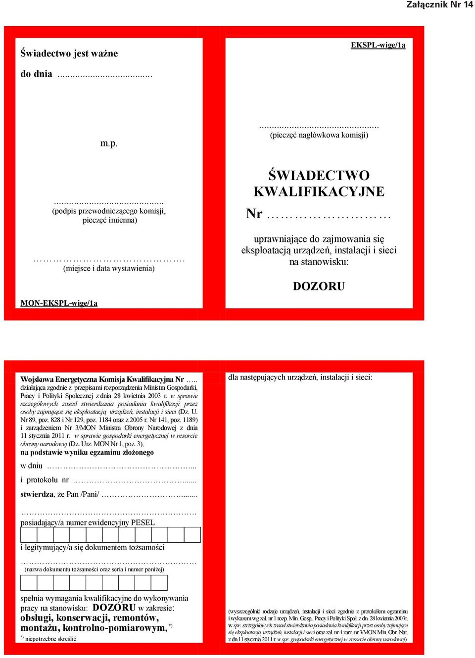 Komisja Kwalifikacyjna Nr.. działająca zgodnie z przepisami rozporządzenia Ministra Gospodarki, Pracy i Polityki Społecznej z dnia 28 kwietnia 2003 r.