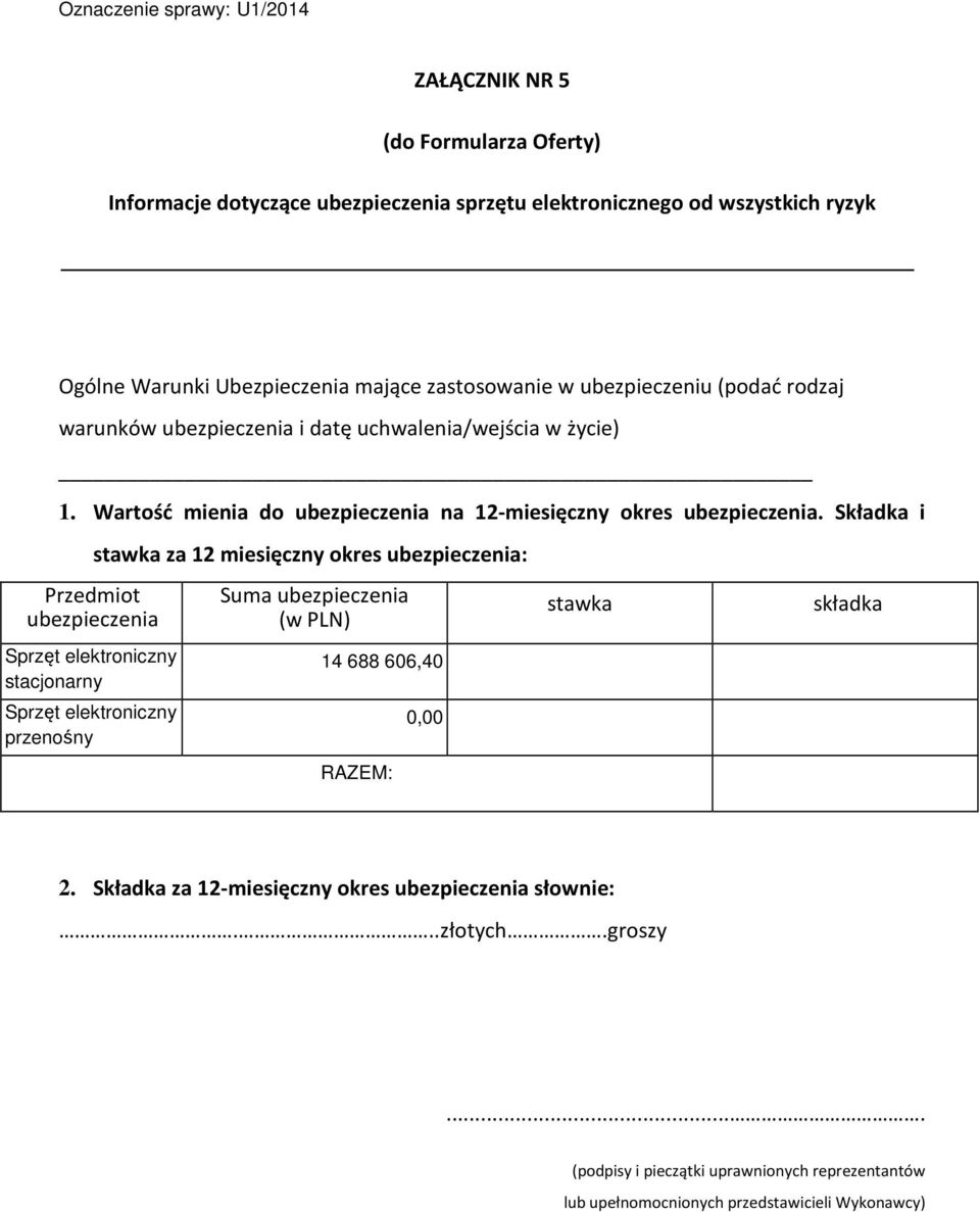 Składka i Przedmiot ubezpieczenia Sprzęt elektroniczny stacjonarny Sprzęt elektroniczny przenośny stawka za 12 miesięczny okres ubezpieczenia: Suma ubezpieczenia (w