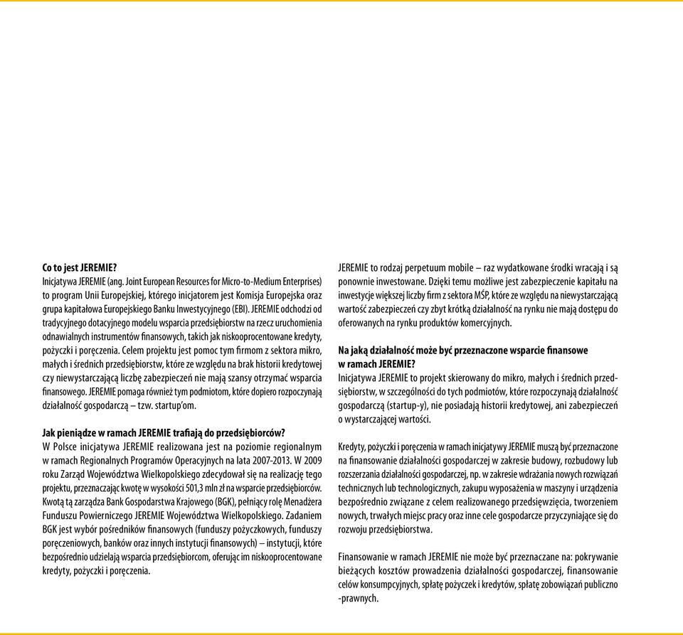 JEREMIE odchodzi od tradycyjnego dotacyjnego modelu wsparcia przedsiębiorstw na rzecz uruchomienia odnawialnych instrumentów finansowych, takich jak niskooprocentowane kredyty, pożyczki i poręczenia.