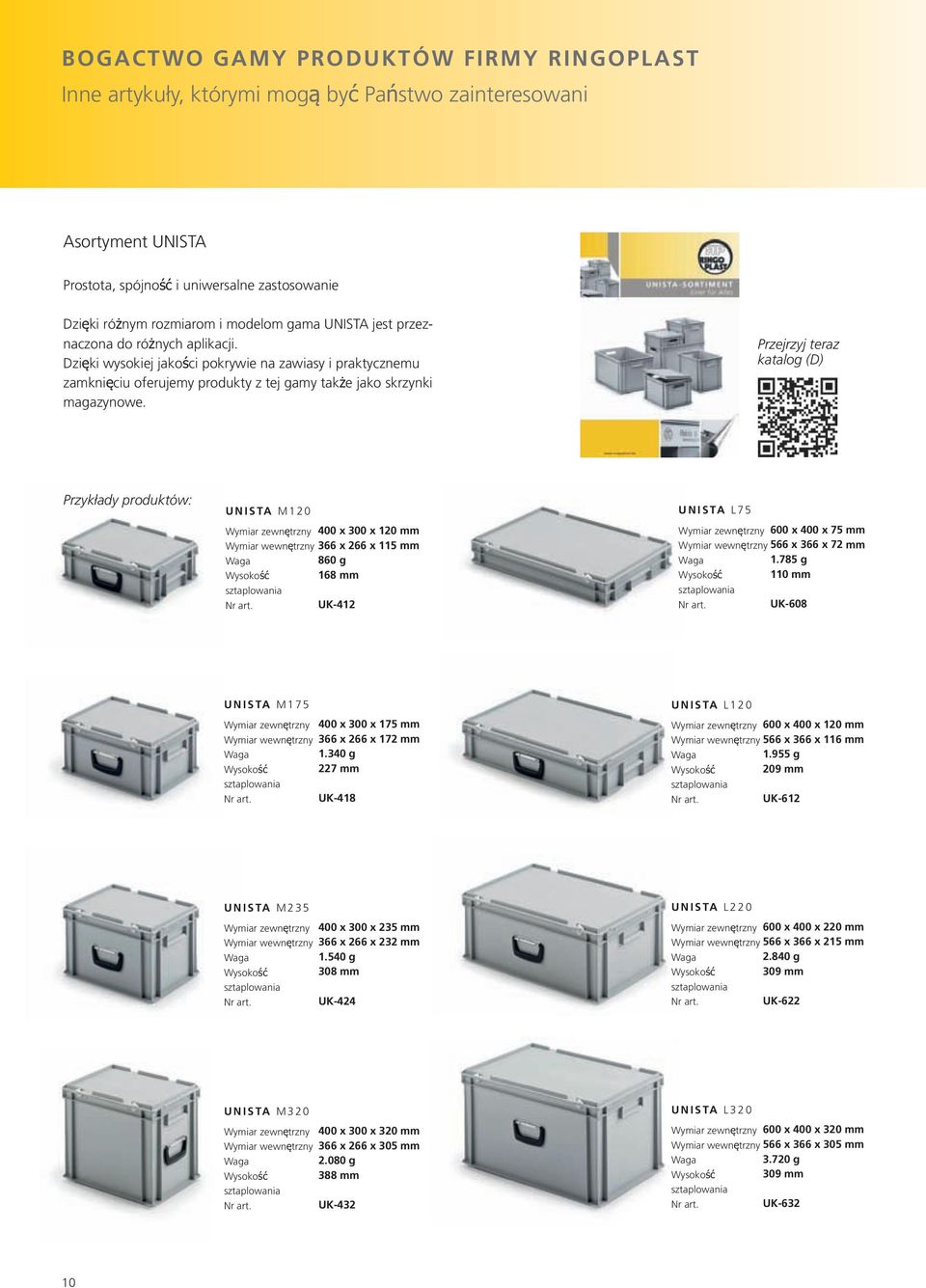 Przejrzyj teraz katalog (D) Przykłady produktów: U N I S TA M 1 2 0 400 x 300 x 120 mm 366 x 266 x 115 mm 860 g Wysokość 168 mm UK-412 U N I S TA L 7 5 Wysokość 600 x 400 x 75 mm 566 x 366 x 72 mm 1.