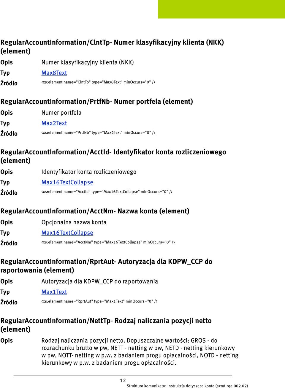 rozliczeniowego (element) Identyfikator konta rozliczeniowego Max16TextCollapse <xs:element name="acctid" type="max16textcollapse" minoccurs="0" /> RegularAccountInformation/AcctNm- Nazwa konta