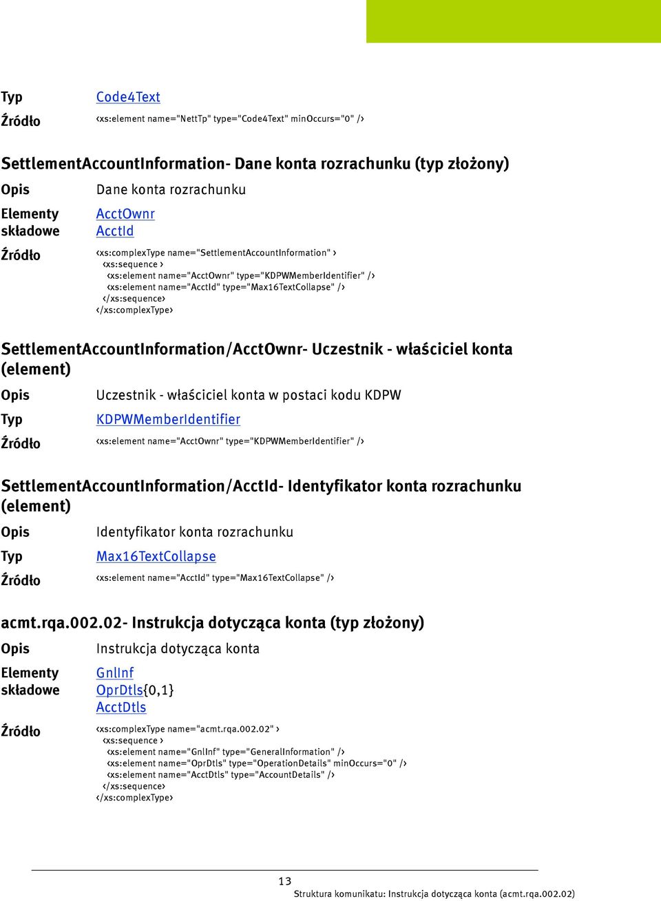 SettlementAccountInformation/AcctOwnr- Uczestnik - właściciel konta (element) Uczestnik - właściciel konta w postaci kodu KDPW KDPWMemberIdentifier <xs:element name="acctownr"