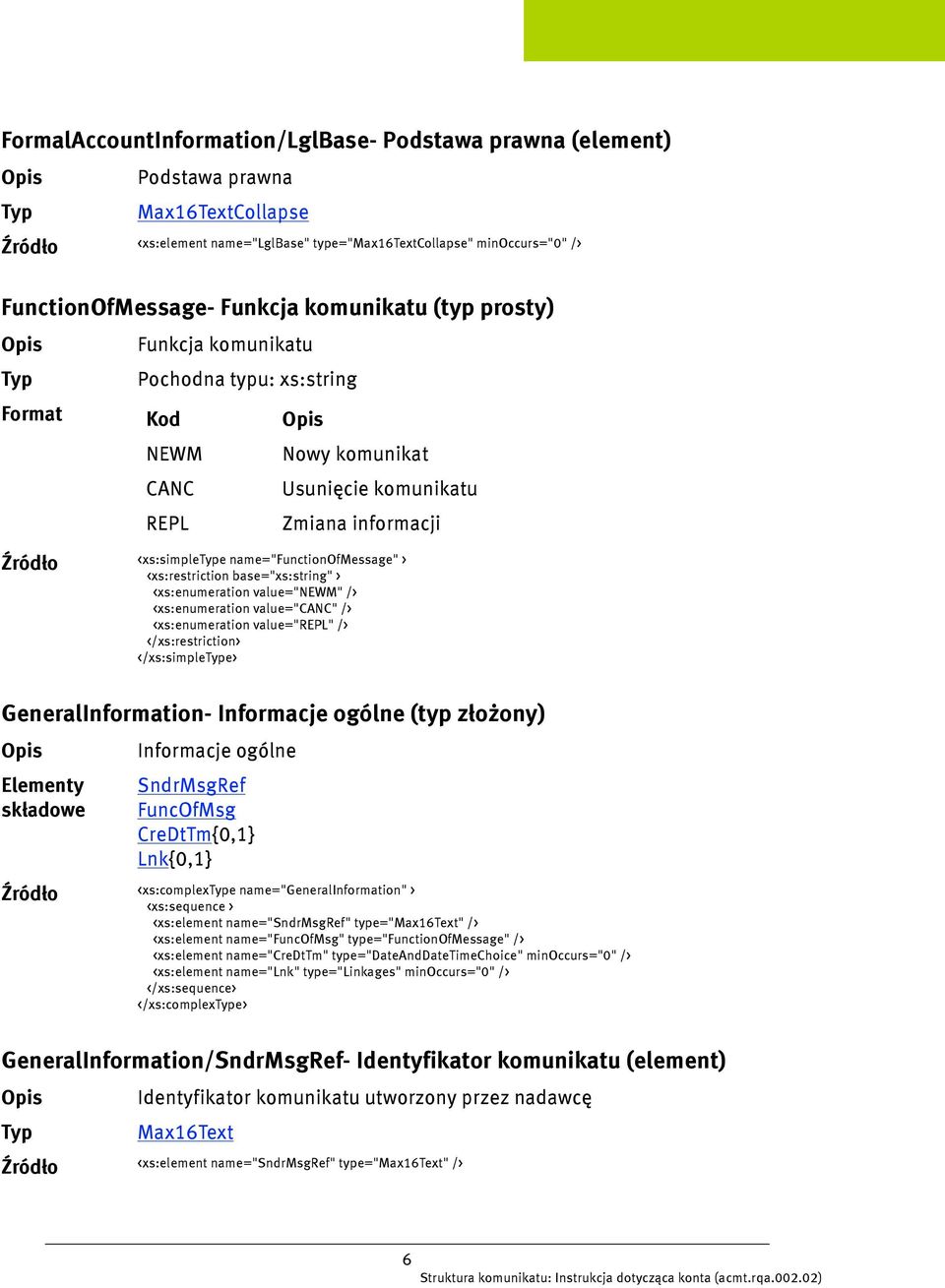 <xs:enumeration value="canc" /> <xs:enumeration value="repl" /> </xs:simplee> GeneralInformation- Informacje ogólne (typ złożony) Informacje ogólne SndrMsgRef FuncOfMsg CreDtTm{0,1} Lnk{0,1}