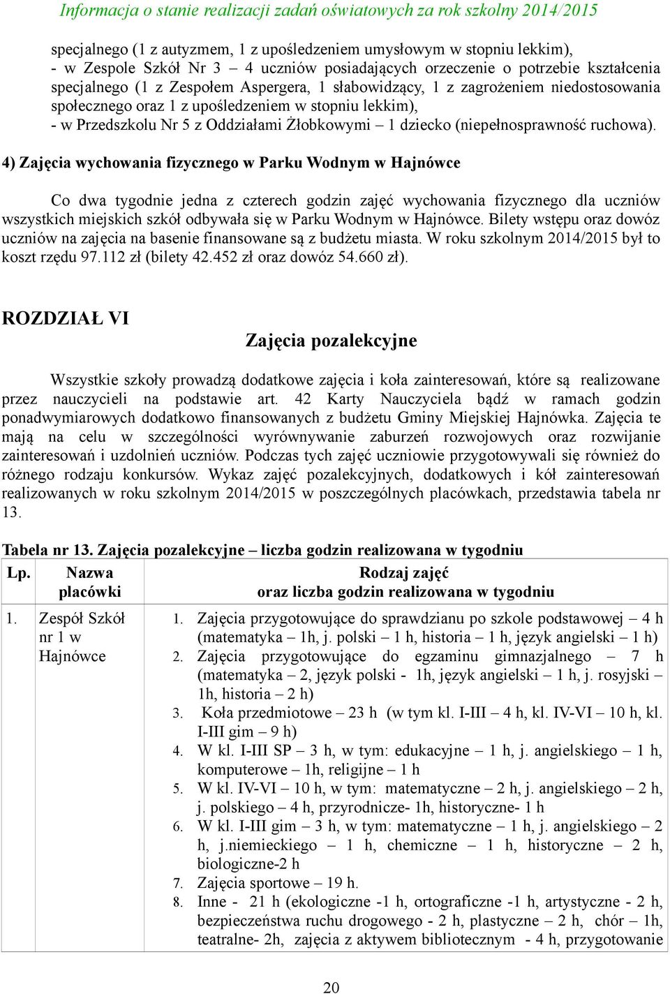 4) Zajęcia wychowania fizycznego w Parku Wodnym Co dwa tygodnie jedna z czterech godzin zajęć wychowania fizycznego dla uczniów wszystkich miejskich szkół odbywała się w Parku Wodnym.