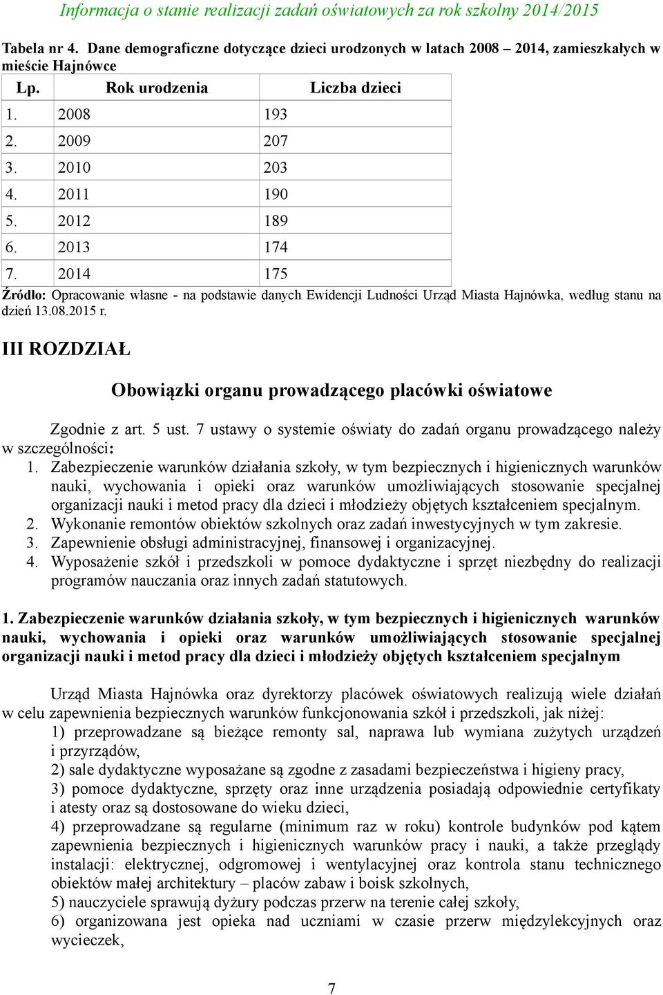 III ROZDZIAŁ Obowiązki organu prowadzącego placówki oświatowe Zgodnie z art. 5 ust. 7 ustawy o systemie oświaty do zadań organu prowadzącego należy w szczególności: 1.