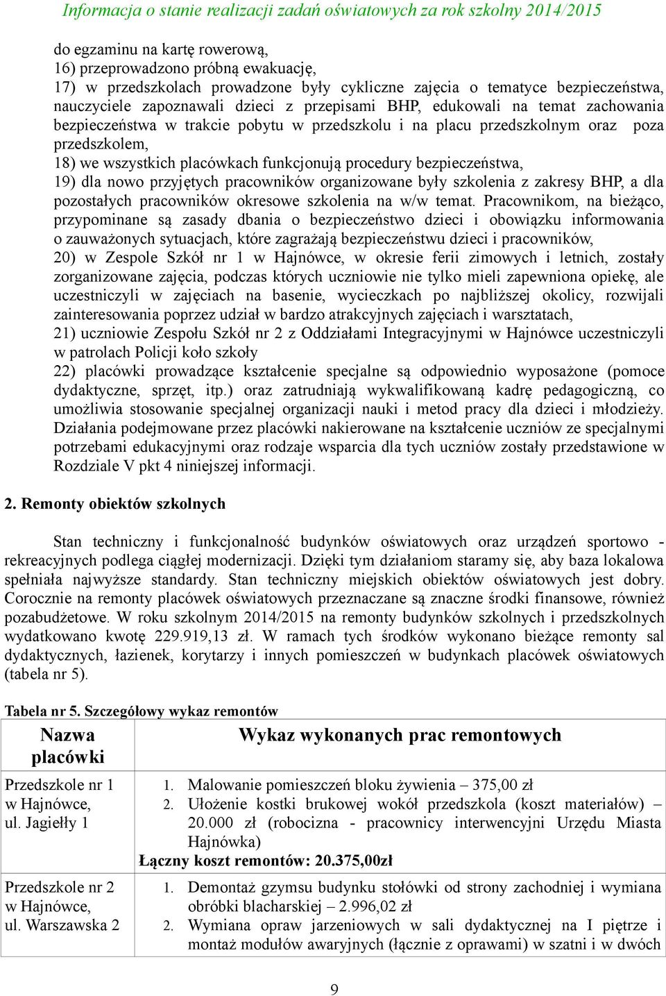 nowo przyjętych pracowników organizowane były szkolenia z zakresy BHP, a dla pozostałych pracowników okresowe szkolenia na w/w temat.