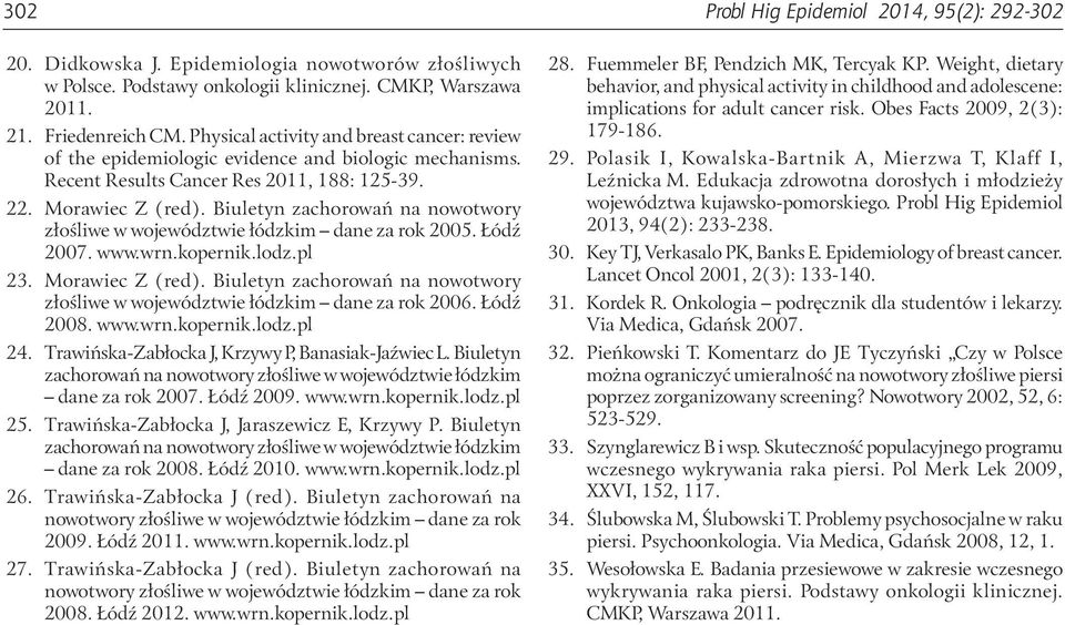 Biuletyn zachorowań na nowotwory złośliwe w województwie łódzkim dane za rok 2005. Łódź 2007. www.wrn.kopernik.lodz.pl 23. Morawiec Z (red).