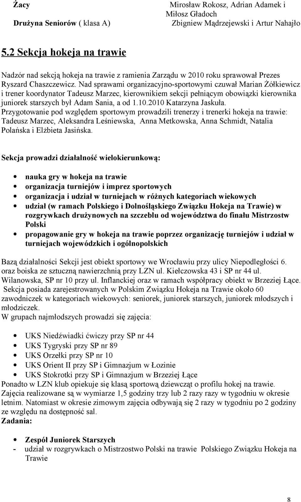 Nad sprawami organizacyjno-sportowymi czuwał Marian Żółkiewicz i trener koordynator Tadeusz Marzec, kierownikiem sekcji pełniącym obowiązki kierownika juniorek starszych był Adam Sania, a od 1.10.