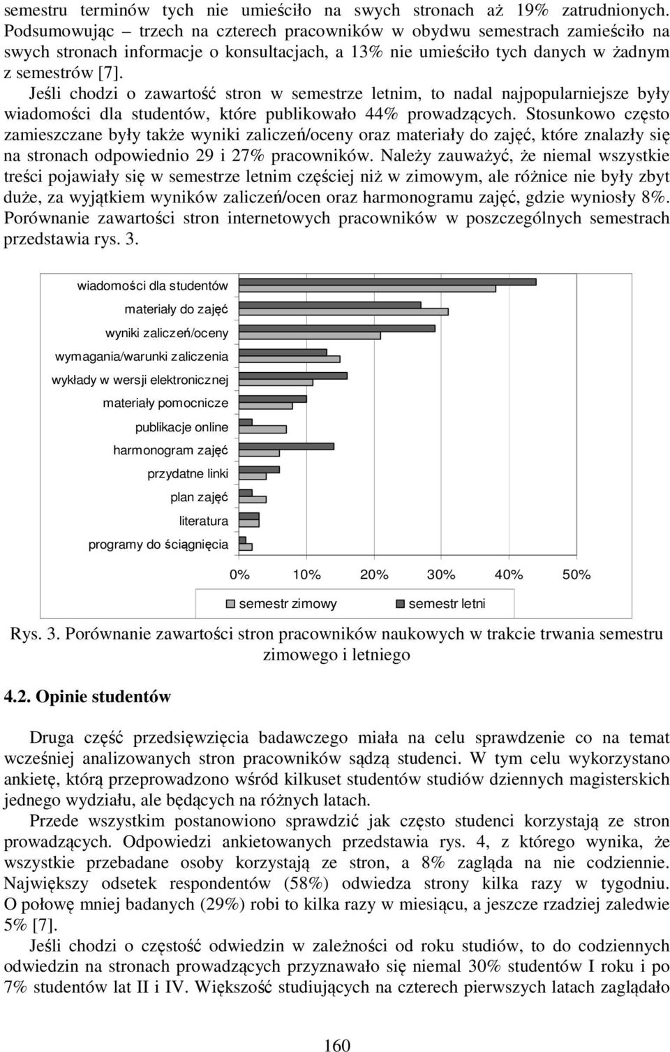 Jeśli chodzi o zawartość stron w semestrze letnim, to nadal najpopularniejsze były wiadomości dla studentów, które publikowało 44% prowadzących.