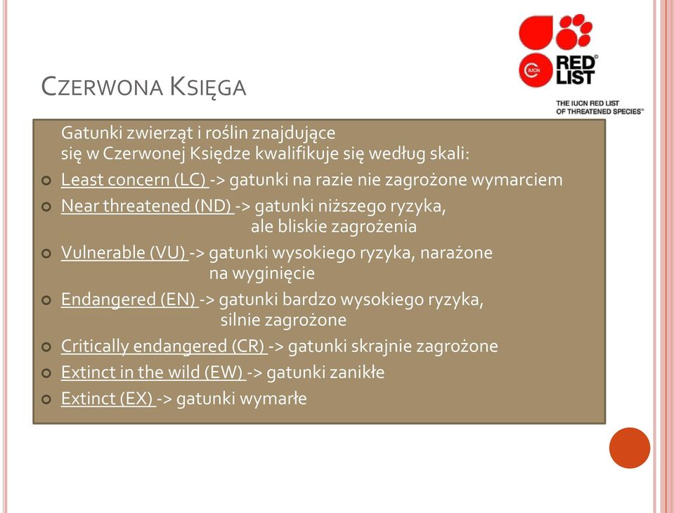 (VU) -> gatunki wysokiego ryzyka, narażone na wyginięcie Endangered (EN) -> gatunki bardzo wysokiego ryzyka, silnie zagrożone