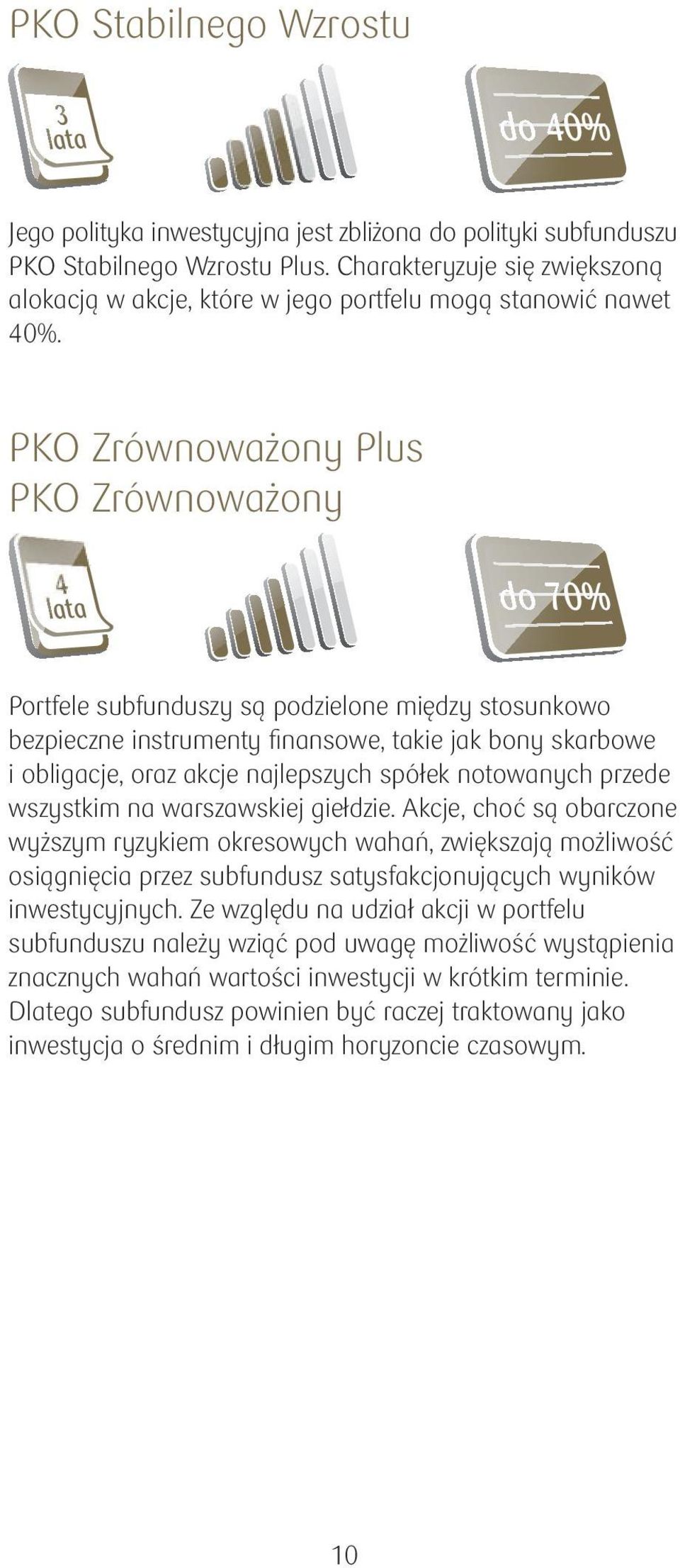 PKO Zrównoważony Plus PKO Zrównoważony lata do 70% lata do 70% Portfele subfunduszy są podzielone między stosunkowo bezpieczne instrumenty fi nansowe, takie jak bony skarbowe i obligacje, oraz akcje