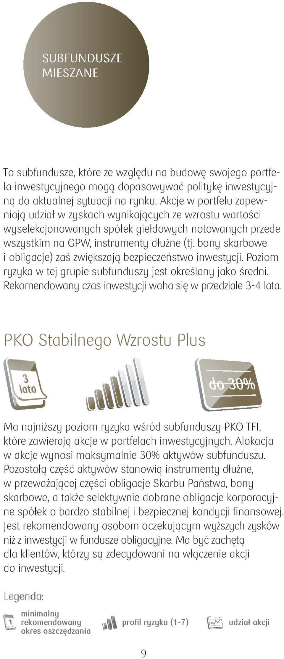 bony skarbowe i obligacje) zaś zwiększają bezpieczeństwo inwestycji. Poziom ryzyka w tej grupie subfunduszy jest określany jako średni. Rekomendowany czas inwestycji waha się w przedziale 3-4 lata.