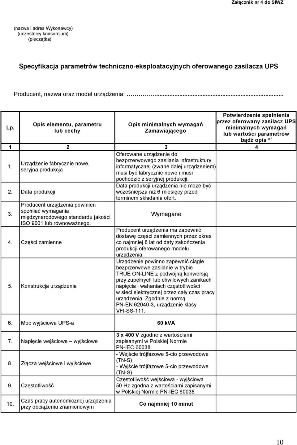 przez oferowany zasilacz UPS Opis elementu, parametru Opis minimalnych wymagań minimalnych wymagań lub cechy Zamawiającego lub wartości parametrów bądź opis * ) 1 2 3 4 Oferowane urządzenie do 1.