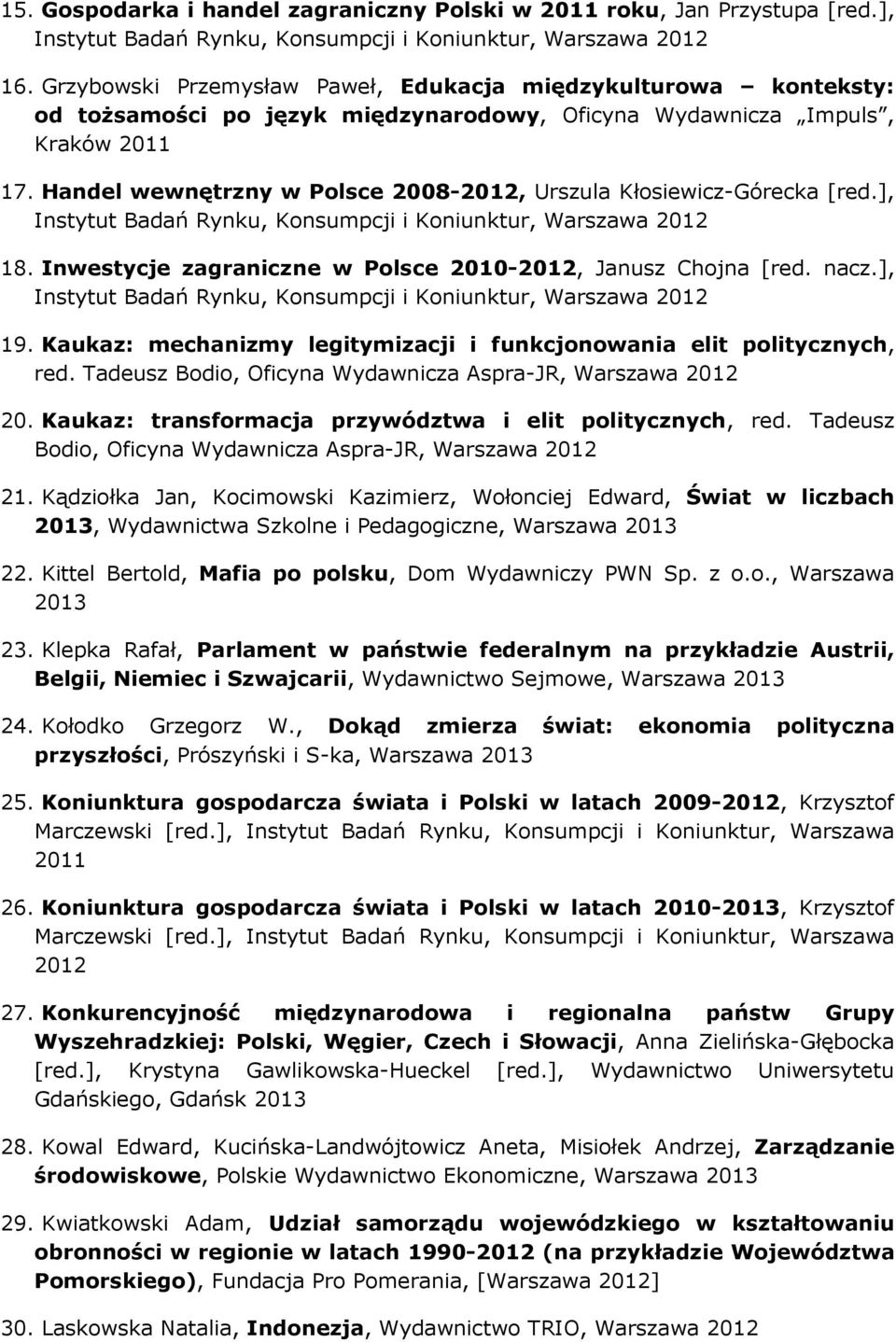 Handel wewnętrzny w Polsce 2008-2012, Urszula Kłosiewicz-Górecka [red.], 18. Inwestycje zagraniczne w Polsce 2010-2012, Janusz Chojna [red. nacz.], 19.