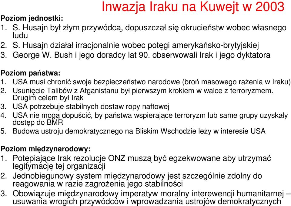 Usunięcie Talibów z Afganistanu był pierwszym krokiem w walce z terroryzmem. Drugim celem był Irak 3. USA potrzebuje stabilnych dostaw ropy naftowej 4.