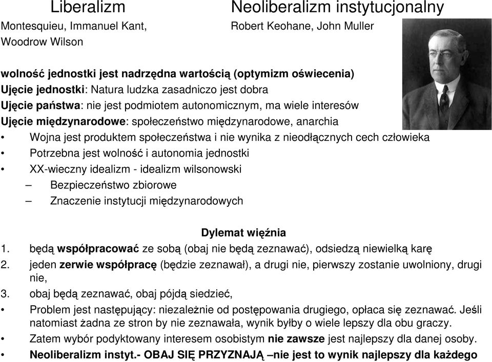 społeczeństwa i nie wynika z nieodłącznych cech człowieka Potrzebna jest wolność i autonomia jednostki XX-wieczny idealizm - idealizm wilsonowski Bezpieczeństwo zbiorowe Znaczenie instytucji