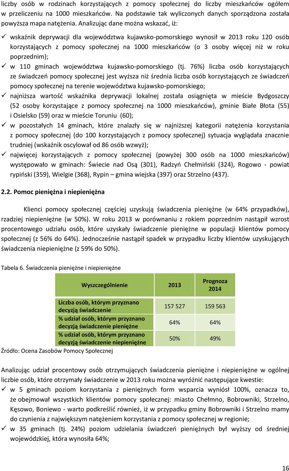 Analizując dane można wskazać, iż: wskaźnik deprywacji dla województwa kujawsko-pomorskiego wynosił w 2013 roku 120 osób korzystających z pomocy społecznej na 1000 mieszkańców (o 3 osoby więcej niż w