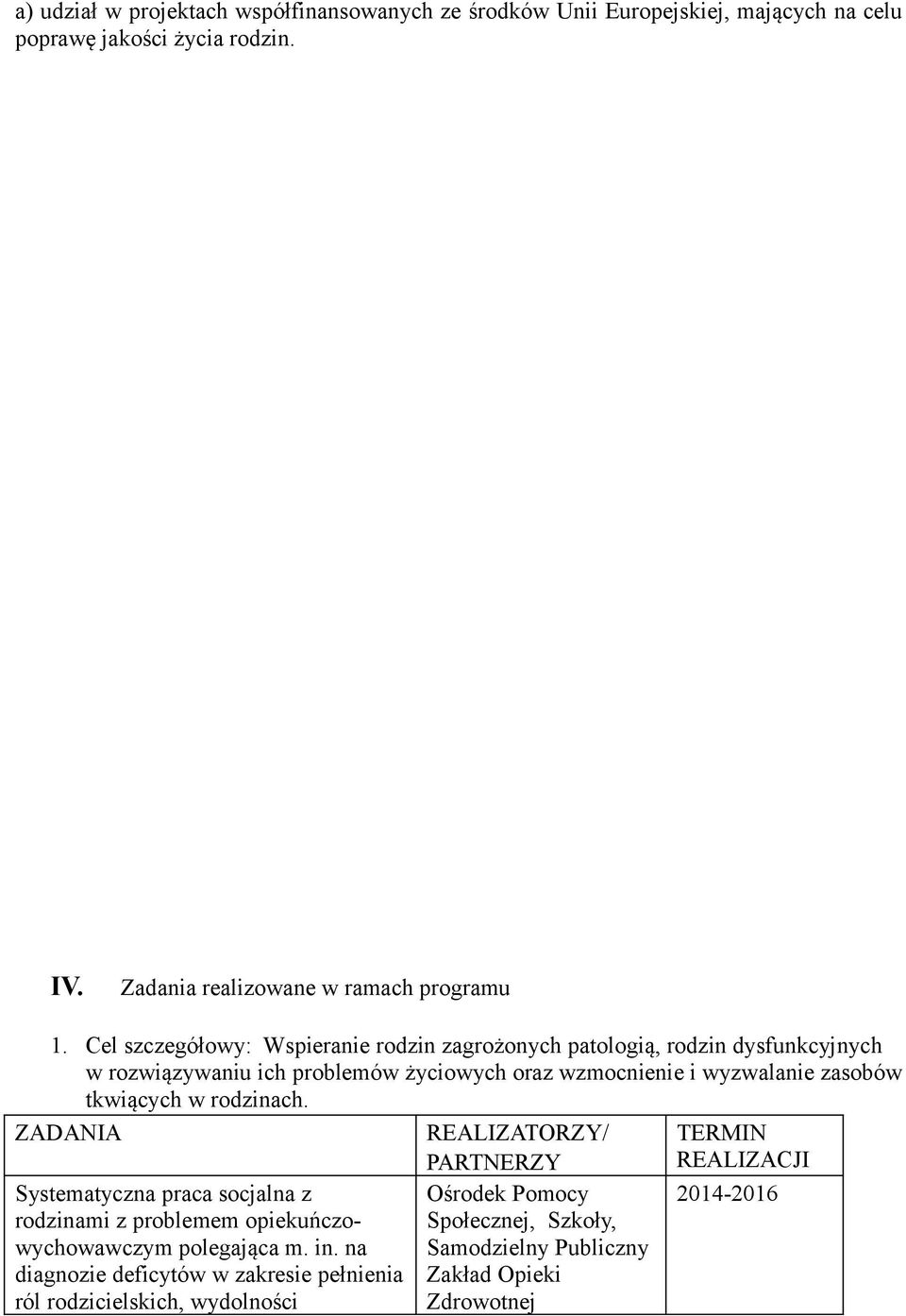 Cel szczegółowy: Wspieranie rodzin zagrożonych patologią, rodzin dysfunkcyjnych w rozwiązywaniu ich problemów życiowych oraz wzmocnienie i wyzwalanie zasobów