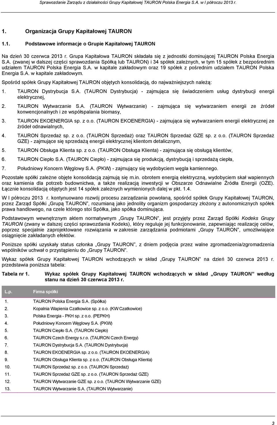 A. w kapitale zakładowym oraz 19 spółek z pośrednim udziałem TAURON Polska Energia S.A. w kapitale zakładowym. Spośród spółek Grupy Kapitałowej TAURON objętych konsolidacją, do najważniejszych należą: 1.