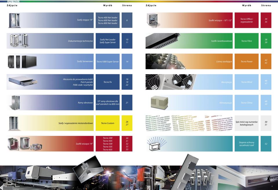 43 Akcesoria do prowadzenia kabli Patch panele Półki stałe i wychylne Tecno fix 18 18 22 Wentylacja Tecno Wind 46 47 Ramy obrotowe 19 ramy obrotowe dla szaf szerokich na 800 mm 21 Klimatyzacja Tecno