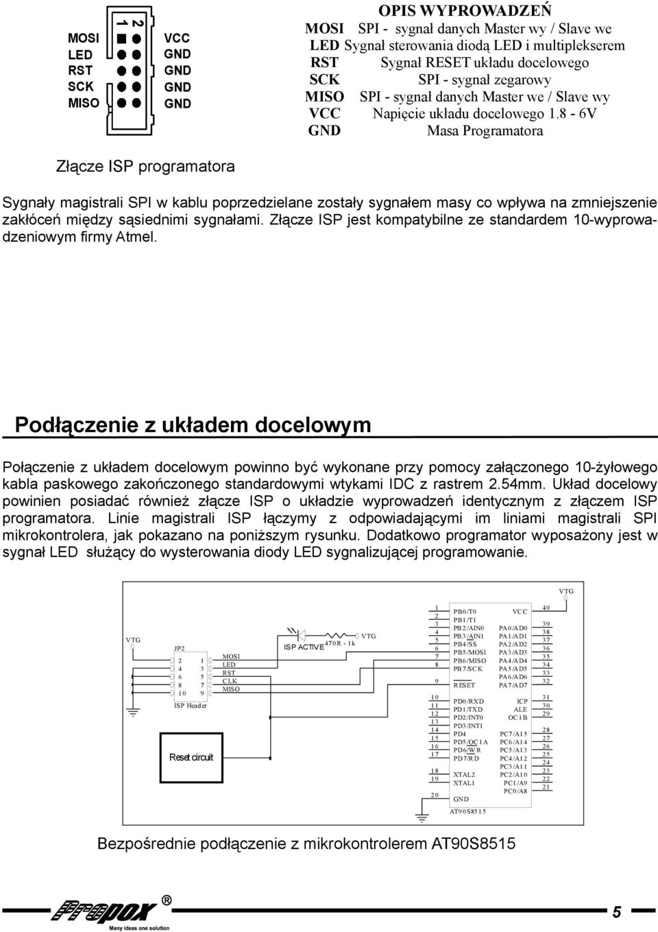 - V Masa Programatora Sygnały magistrali SPI w kablu poprzedzielane zostały sygnałem masy co wpływa na zmniejszenie zakłóceń między sąsiednimi sygnałami.