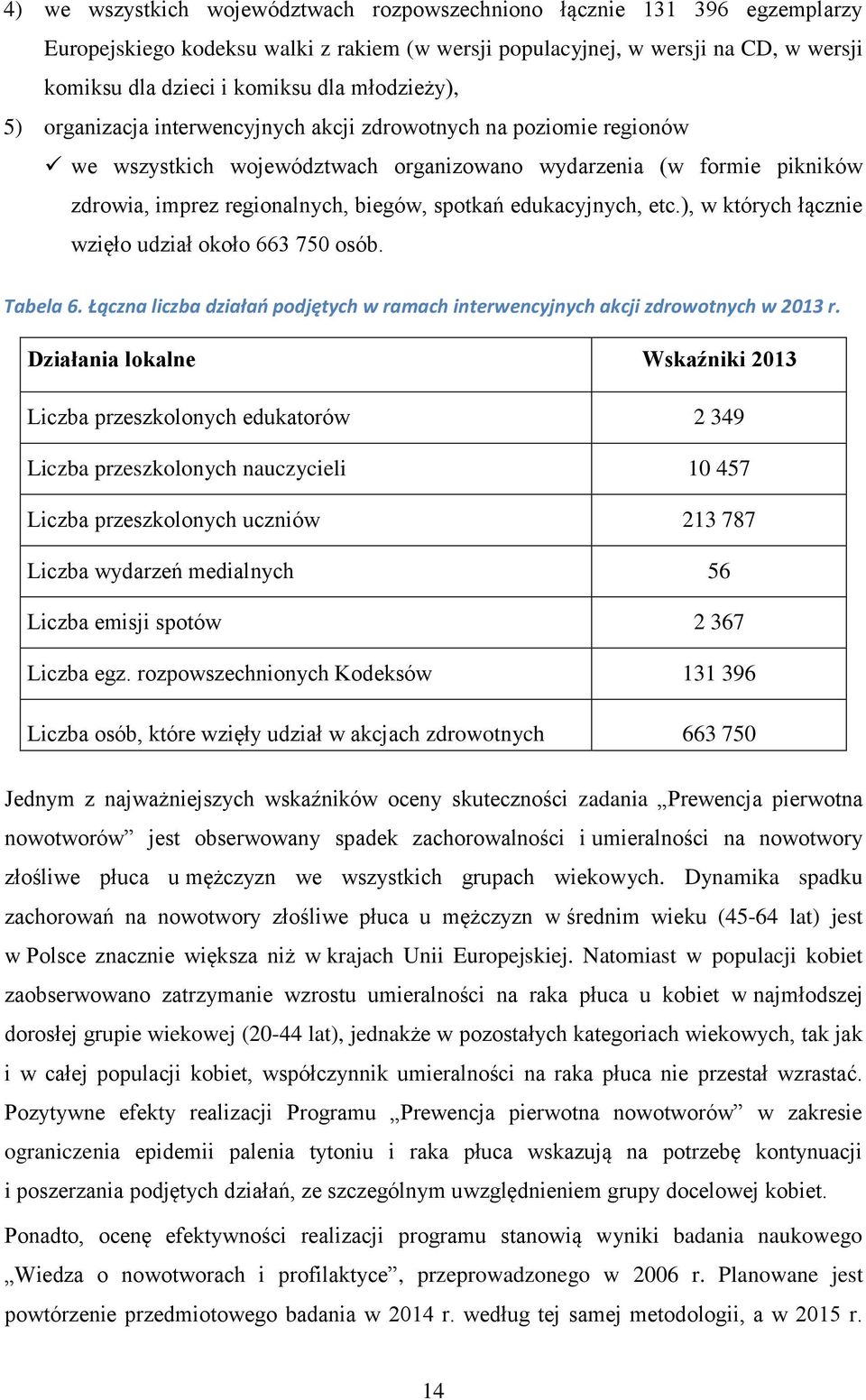 edukacyjnych, etc.), w których łącznie wzięło udział około 663 750 osób. Tabela 6. Łączna liczba działań podjętych w ramach interwencyjnych akcji zdrowotnych w 2013 r.