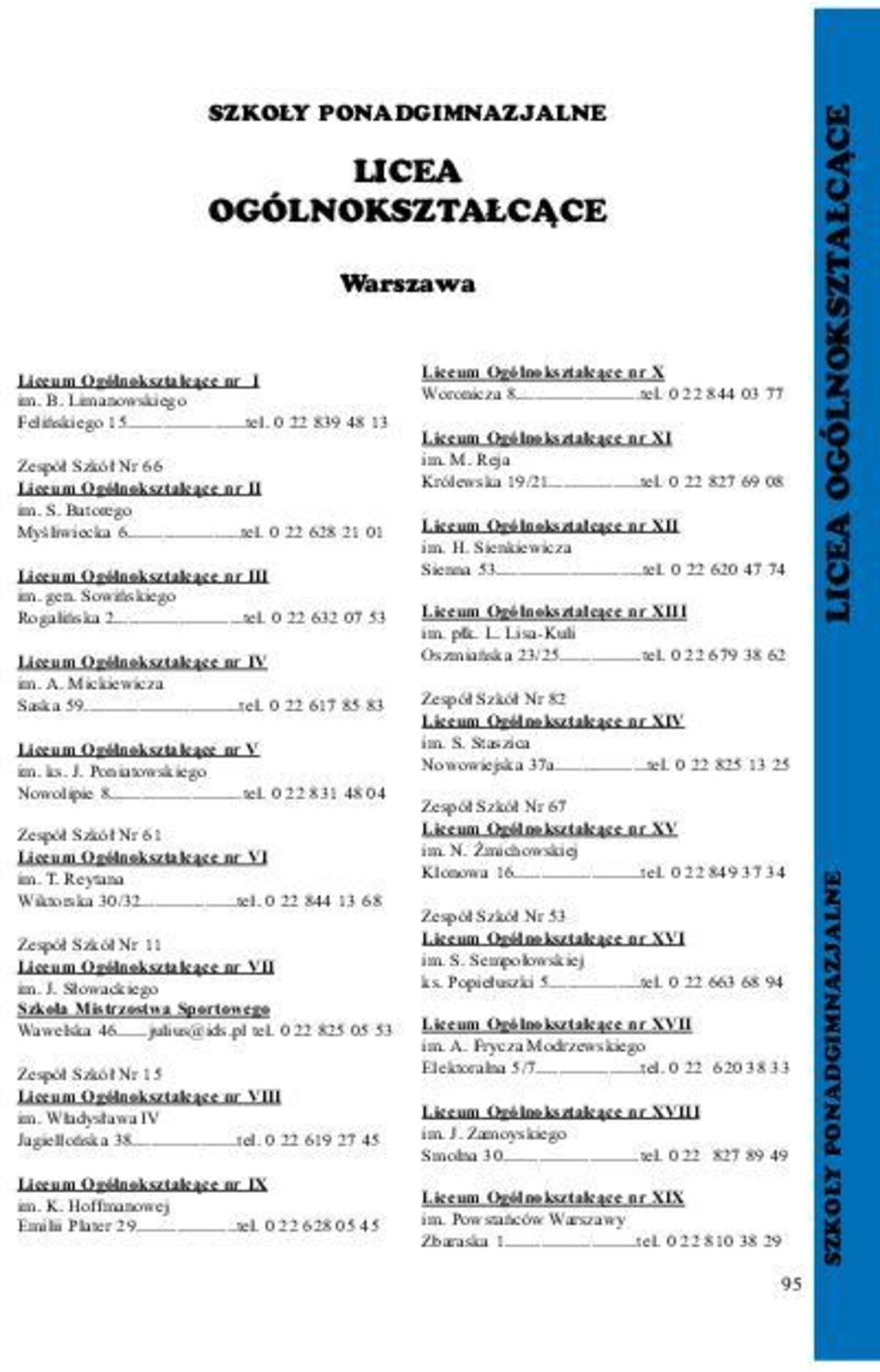 ..tel. 0 22 628 21 01 Liceum Ogólnokszta³c¹ce nr XII im. H. Sienkiewicza Liceum Ogólnokszta³c¹ce nr III Sienna 53...tel. 0 22 620 47 74 im. gen. Sowiñskiego Rogaliñska 2...tel. 0 22 632 07 53 Liceum Ogólnokszta³c¹ce nr XIII im.