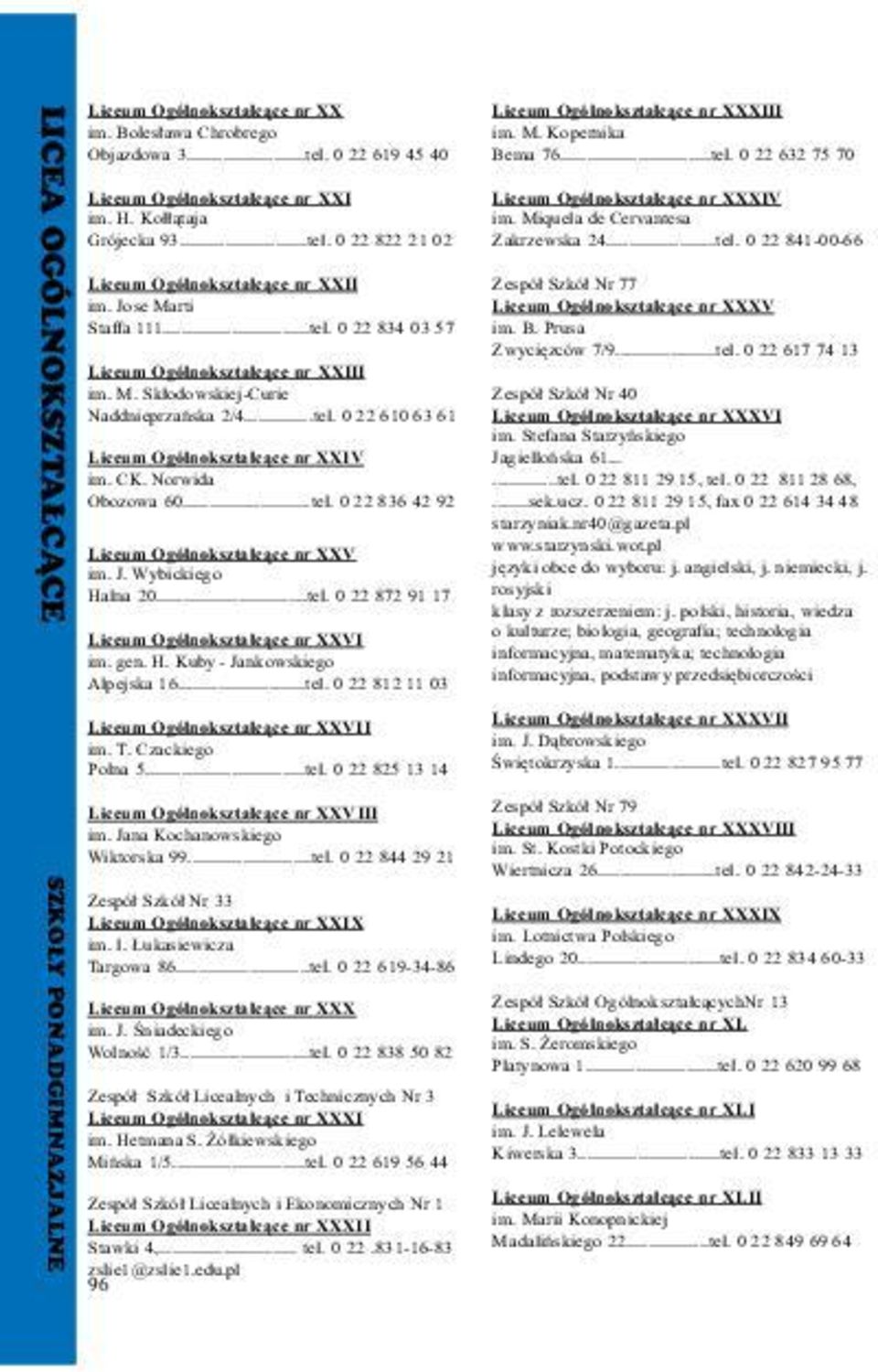 CK. Norwida Obozowa 60...tel. 0 22 836 42 92 Liceum Ogólnokszta³c¹ce nr XXV im. J. Wybickiego Halna 20...tel. 0 22 872 91 17 Liceum Ogólnokszta³c¹ce nr XXVI im. gen. H. Kuby - Jankowskiego Alpejska 16.
