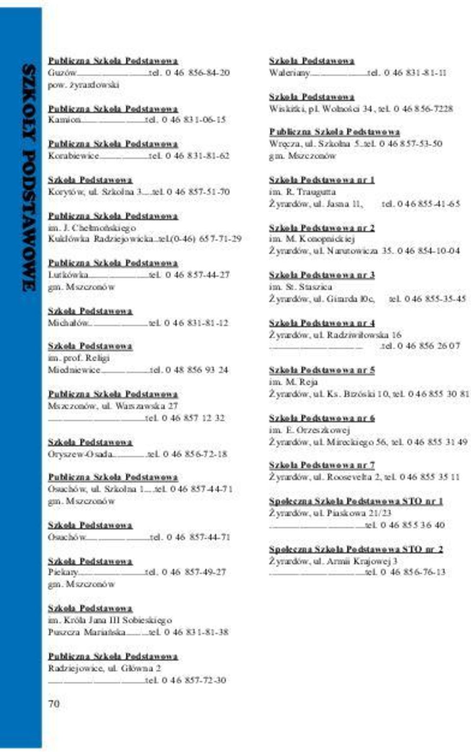 Mszczonów Szko³a Podstawowa Micha³ów...tel. 0 46 831-81-12 Szko³a Podstawowa im. prof. Religi Miedniewice...tel. 0 48 856 93 24 Publiczna Szko³a Podstawowa Mszczonów, ul. Warszawska 27...tel. 0 46 857 12 32 Szko³a Podstawowa Oryszew-Osada.