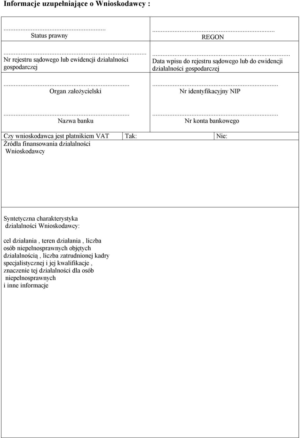 .. Nr konta bankowego Czy wnioskodawca jest płatnikiem VAT Tak: Nie: Żródła finansowania działalności Wnioskodawcy Syntetyczna charakterystyka działalności